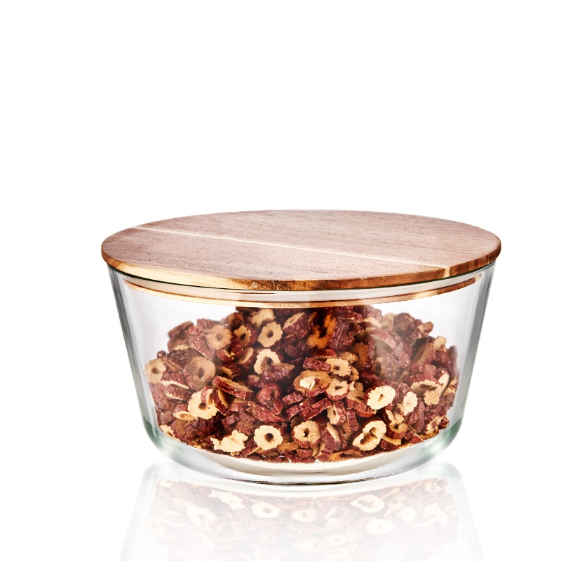 GLASS FOOD CONTAINER WITH ACACIA WOOD LID