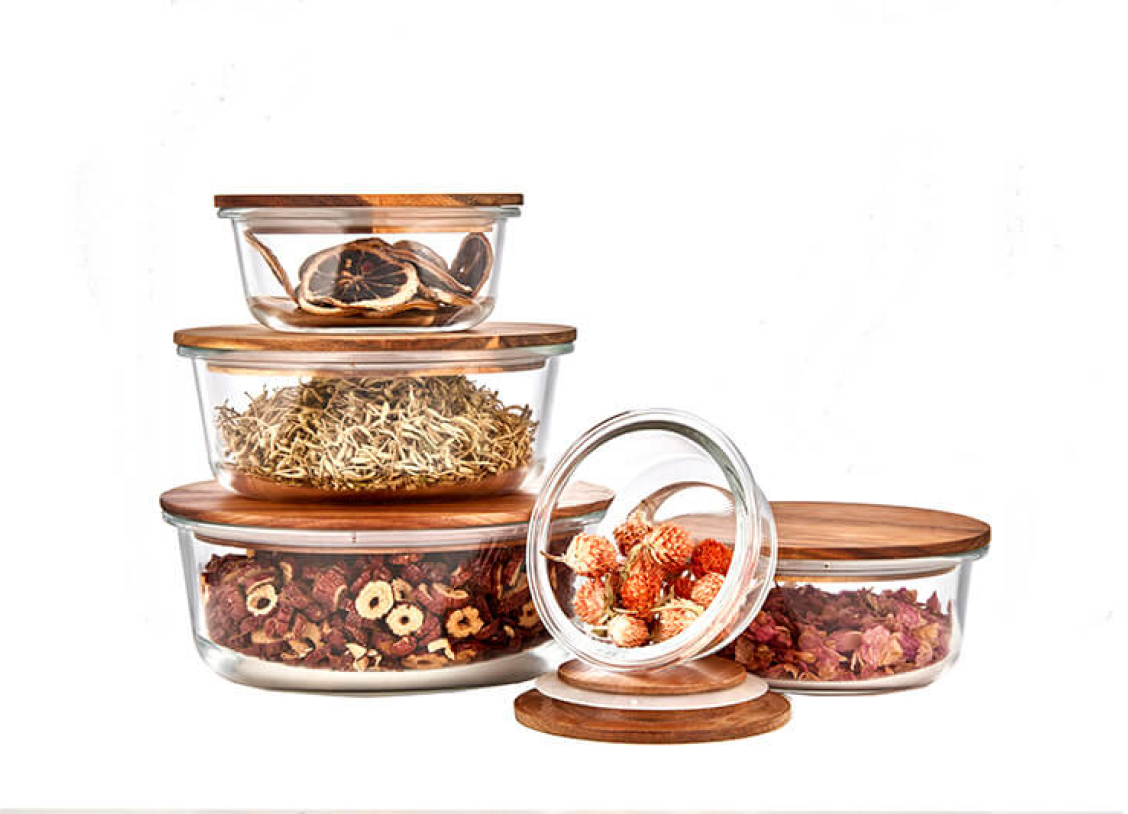 GLASS FOOD CONTAINER WITH ACACIA WOOD LID